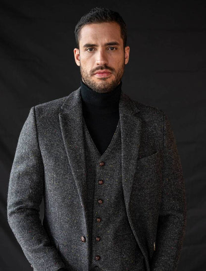 Smoke Herringbone Tweed Jacket with Moleskin Trim