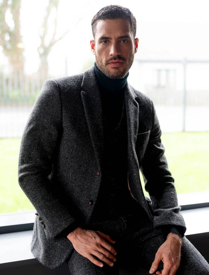 Smoke Herringbone Tweed Jacket with Moleskin Trim