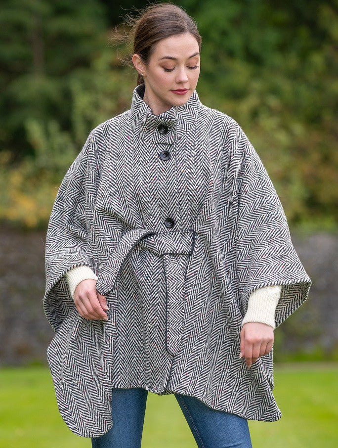 Belted Tweed Black &amp; White Herringbone Cape 