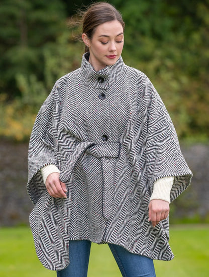 Belted Tweed Black &amp; White Herringbone Cape 