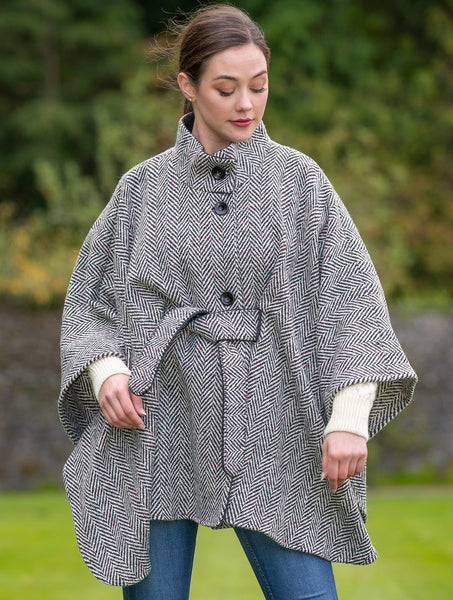 Belted Tweed Black & White Herringbone Cape | Jimmy Hourihan