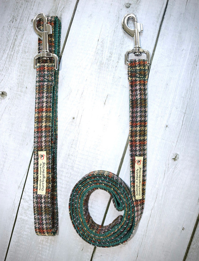 Tweed Wool Dog Lead - Green &amp; Amber Plaid