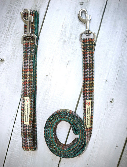 Tweed Wool Dog Lead - Green &amp; Amber Plaid