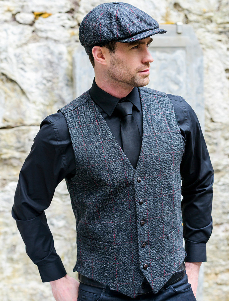 Irish Tweed Herringbone Waistcoat - Charcoal &amp; Red