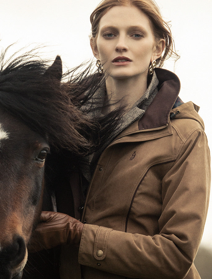 Erin Ladies Waterproof Long Riding Coat - Camel | Jack Murphy