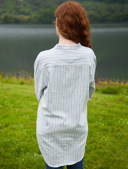 Ladies Flannel Grandfather Shirt - Blue Stripe