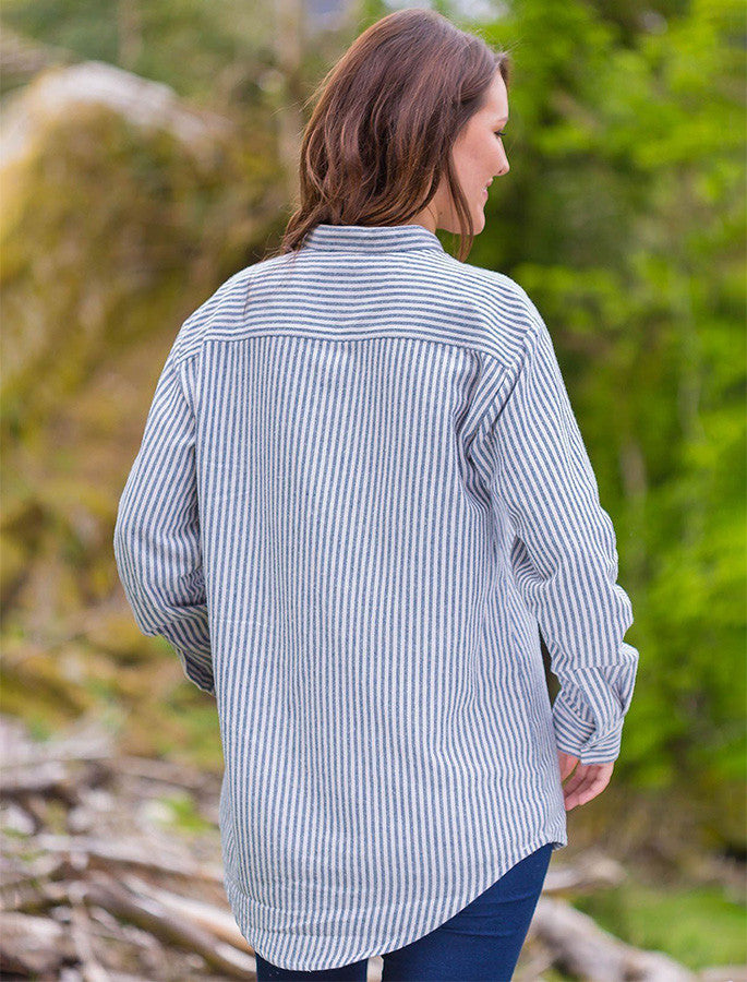 Ladies Flannel Grandfather Shirt - Navy Stripe