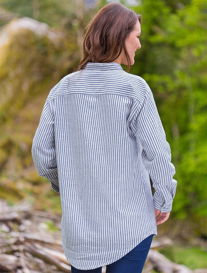 Ladies Flannel Grandfather Shirt - Navy Stripe