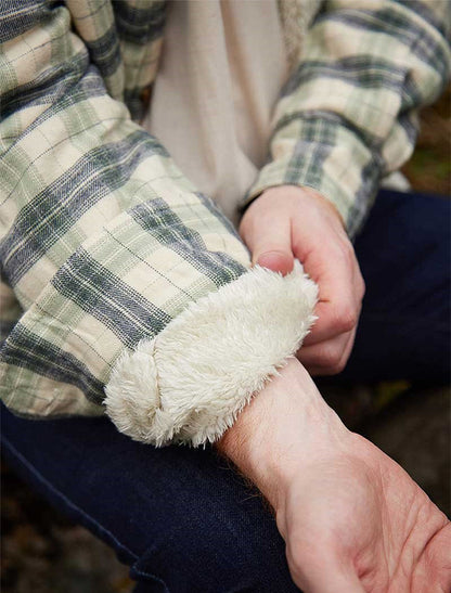 Fleece Lined Flannel Shirt - Ecru Green &amp; Navy Check