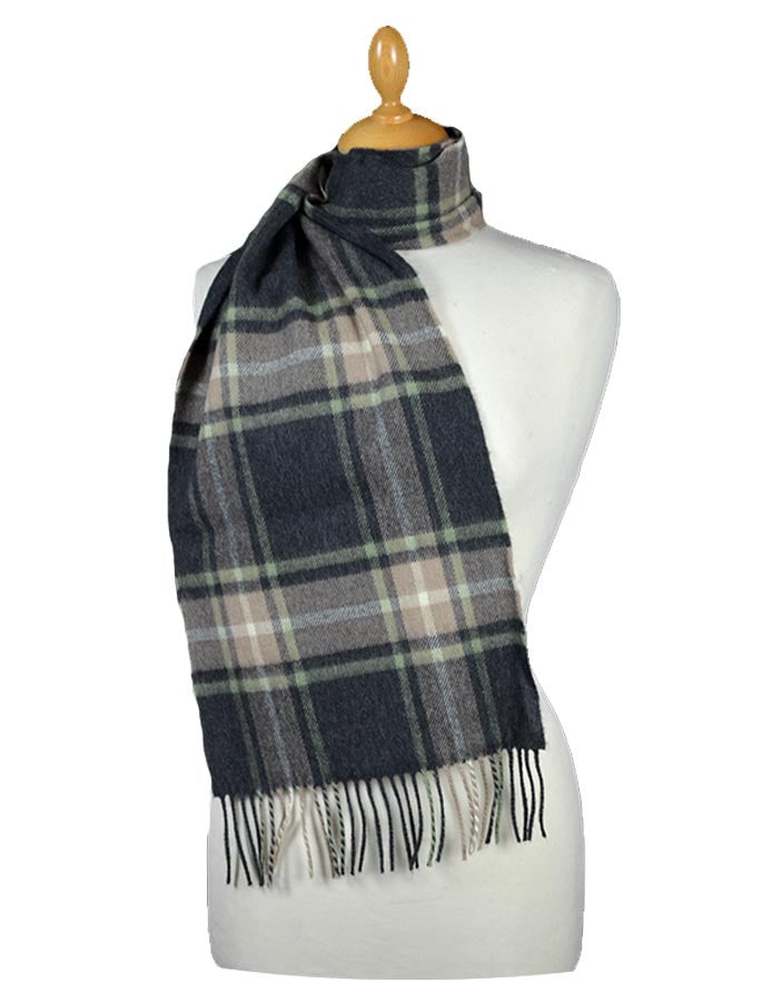 Fine Merino Plaid Scarf - Charcoal Tan Green
