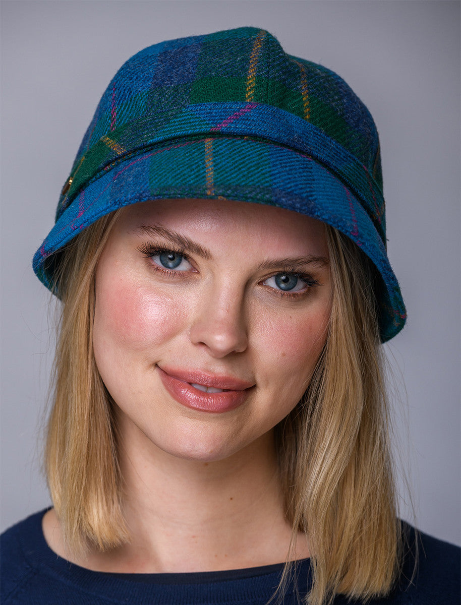 Ladies Tweed Flapper Cap - Green, Teal &amp; Purple