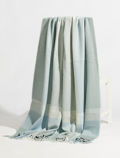 Wool and Cashmere Throw - Sage, Blue &amp; White 