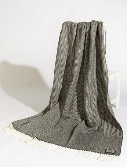 Wool and Cashmere Throw - Grey &amp; White Herringbone 