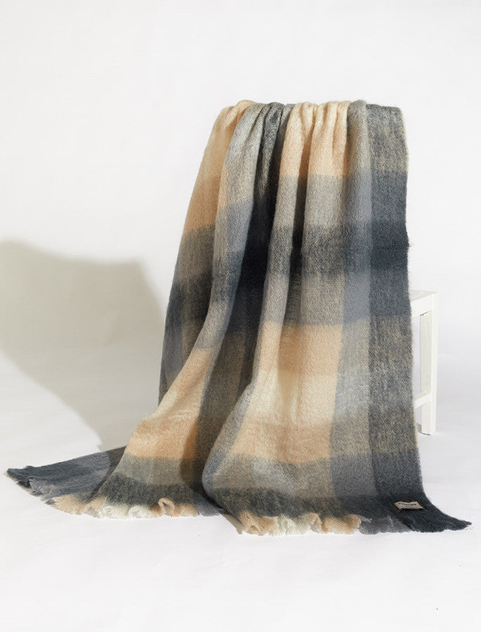 Mohair Throw - Dark Grey &amp; Cream Check  