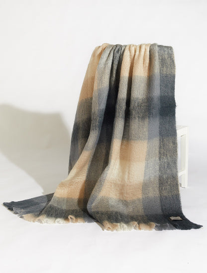 Mohair Throw - Dark Grey &amp; Cream Check  