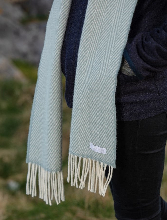 Cashmere Scarf - Sage &amp; White Herringbone 