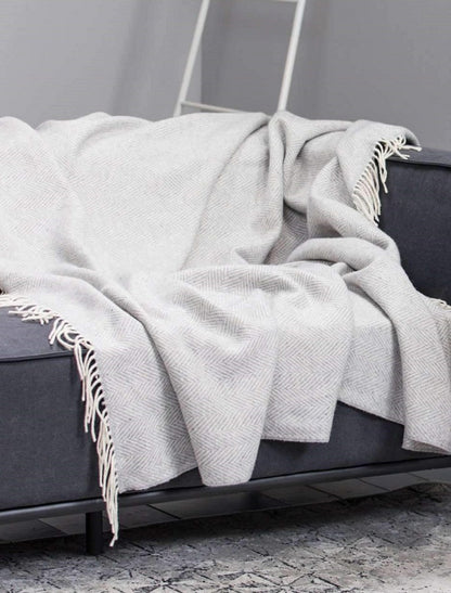 Wool and Cashmere Throw - Pearl Grey Herringbone 