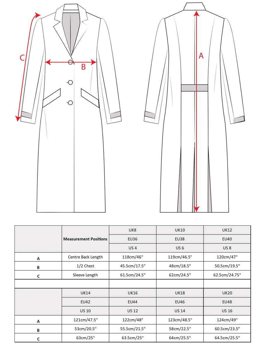 Fran Long Tweed Coat - Light Blue Herringbone Size guide 