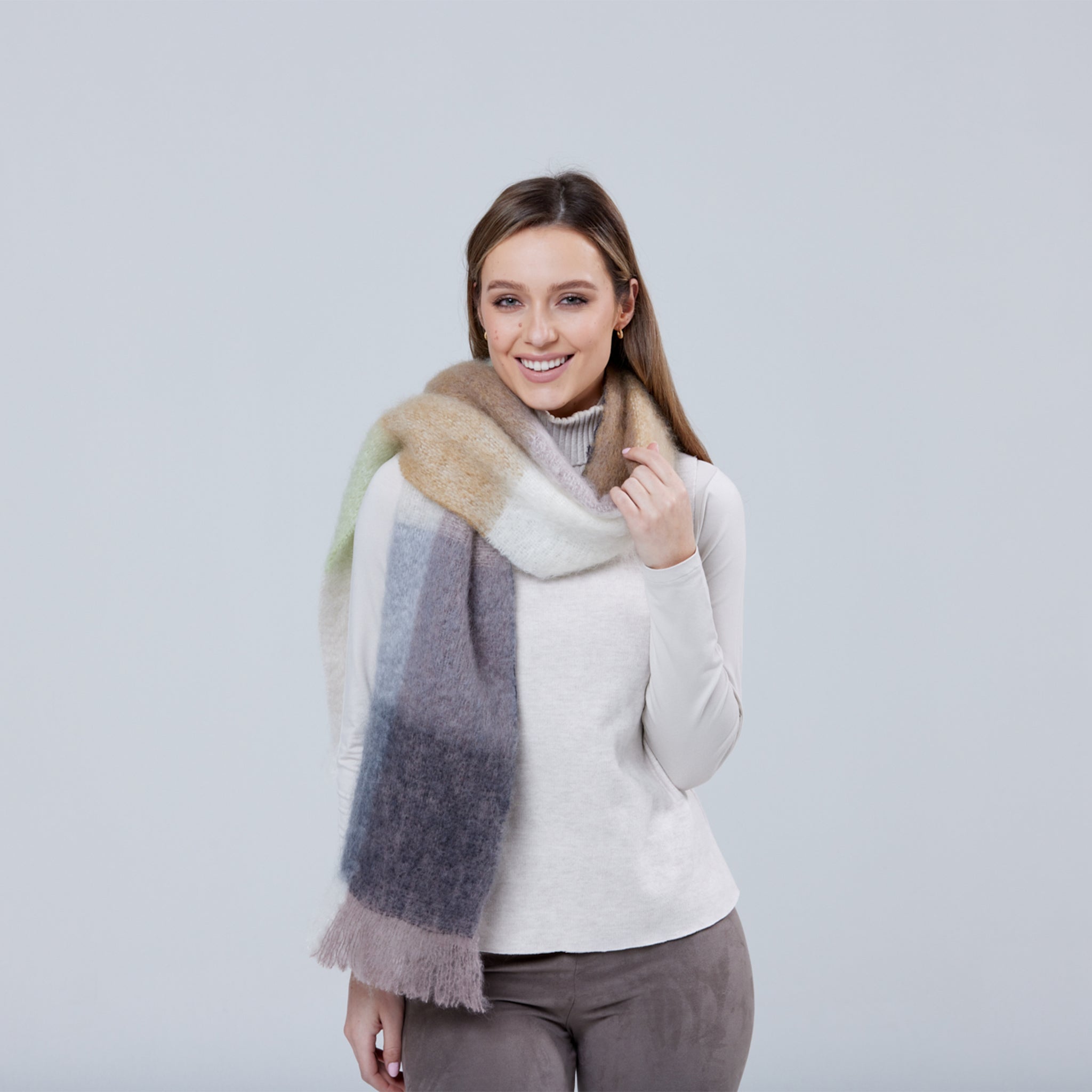 Giant Mohair Scarf - White &amp; Mink Block 