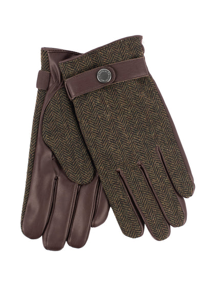 Mens Tweed Stud Gloves - Green Herringbone 