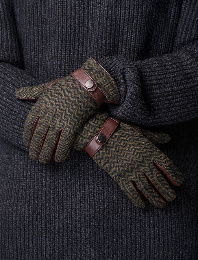 Mens Tweed Stud Gloves - Green Herringbone 
