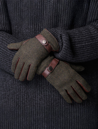 Mens Tweed Stud Gloves - Green Herringbone 