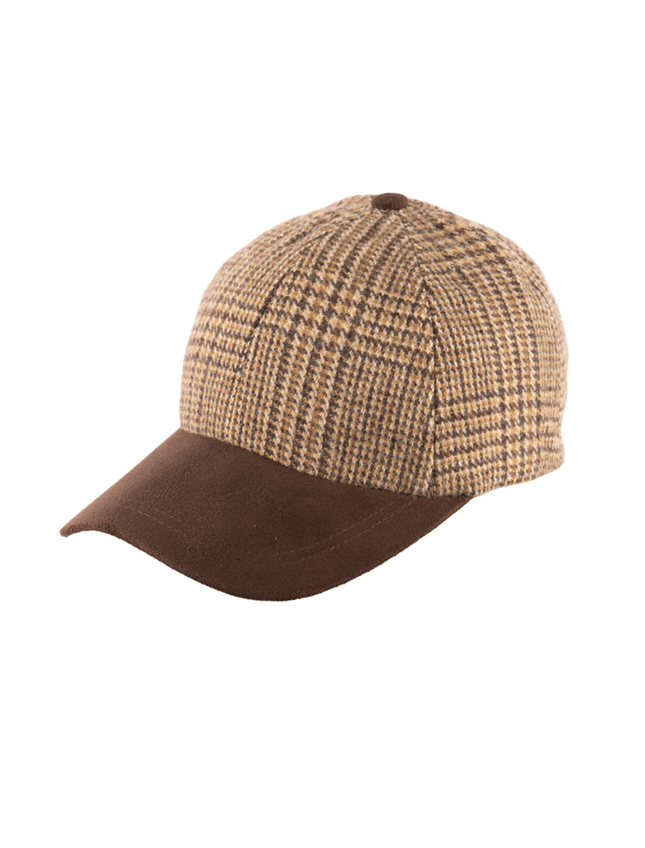 Tweed / Suede Camel Box Check Baseball Cap
