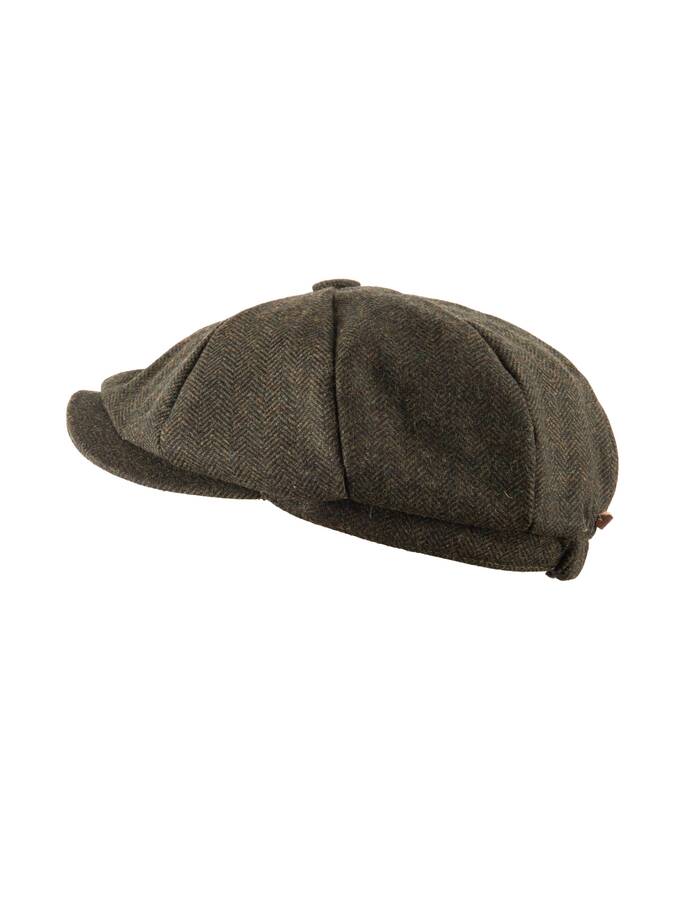Kids Tweed Flat Cap - Green Herringbone