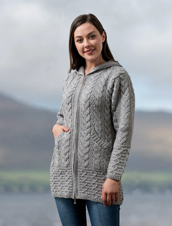 Hooded Coatigan with Celtic Knot Zipper Pull- Soft Grey 