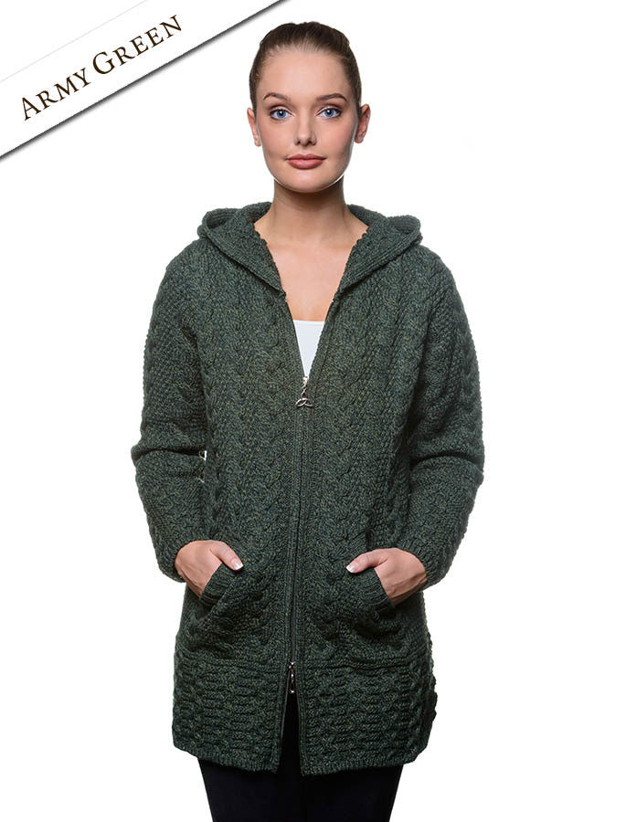 Hooded Coatigan with Celtic Knot Zipper Pull - Army Green 
