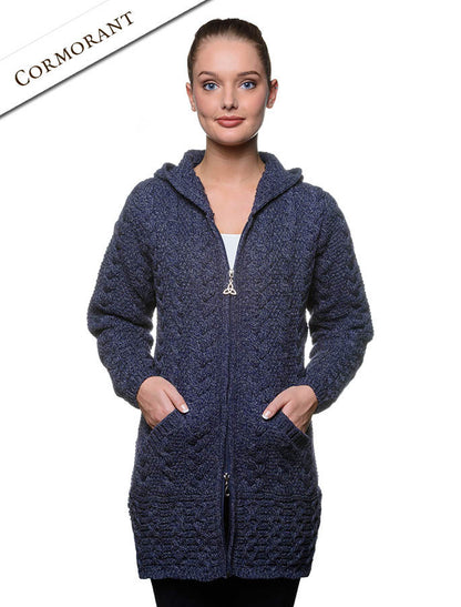 Hooded Coatigan with Celtic Knot Zipper Pull - cormorant blue 
