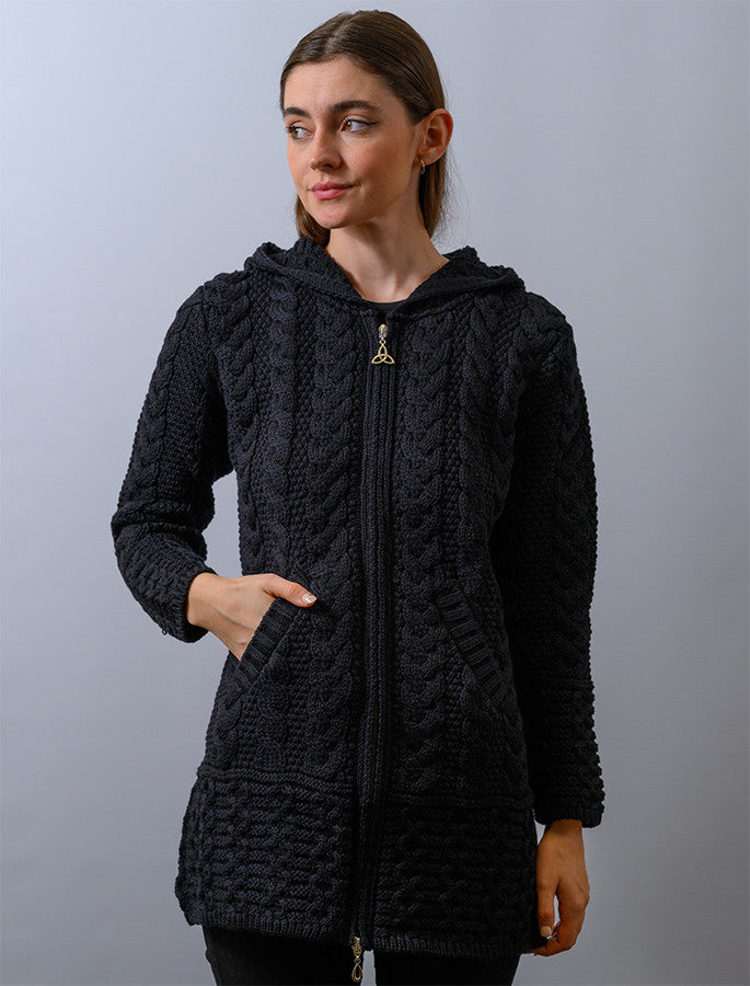 Hooded Coatigan with Celtic Knot Zipper Pull - Black 