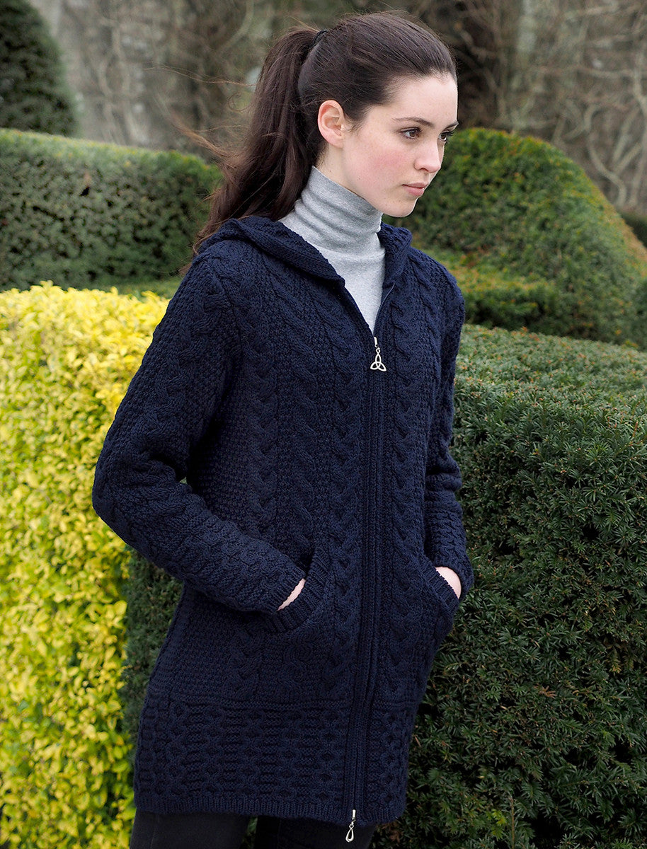 Hooded Coatigan with Celtic Knot Zipper Pull - Navy 