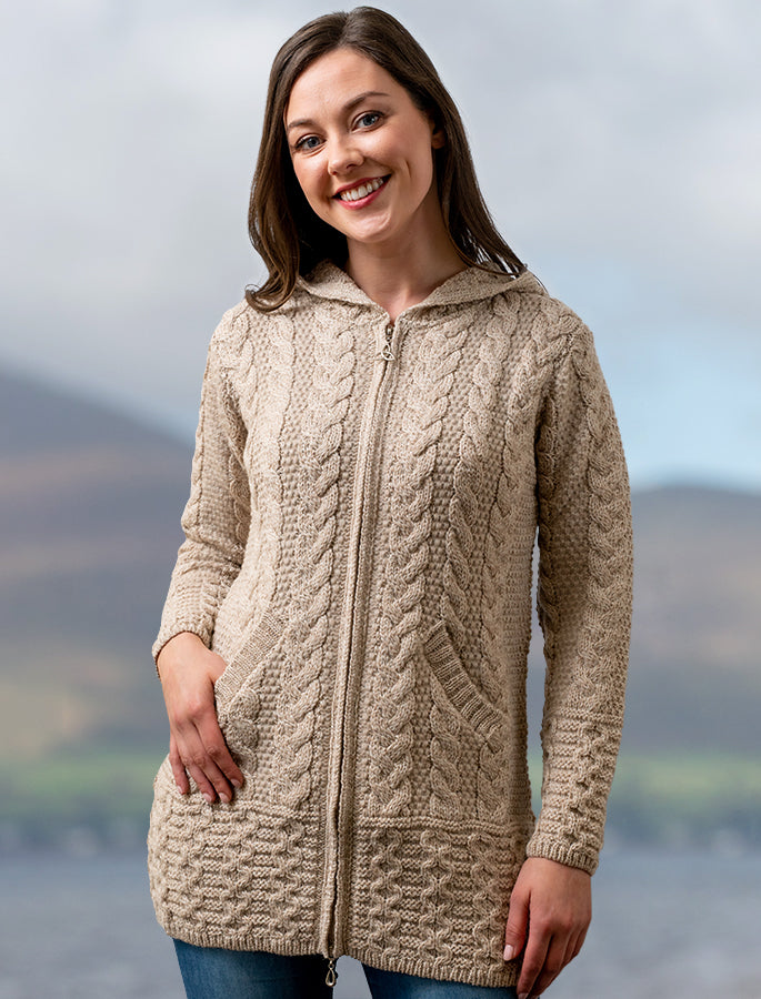 Hooded Coatigan with Celtic Knot Zipper Pull - Parsnip 
