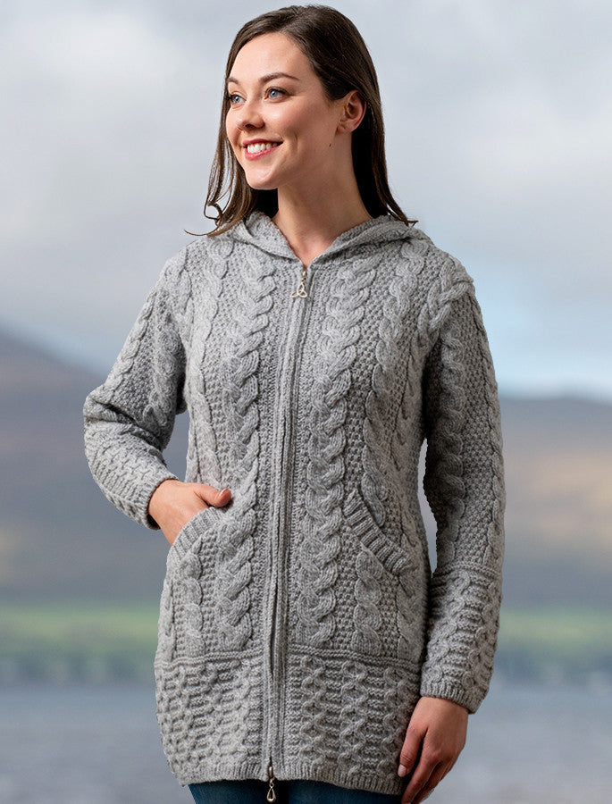 Hooded Coatigan with Celtic Knot Zipper Pull- Soft Grey 