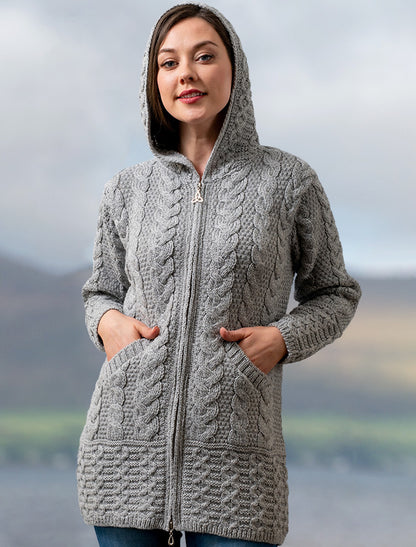 Hooded Coatigan with Celtic Knot Zipper Pull- Soft Grey 