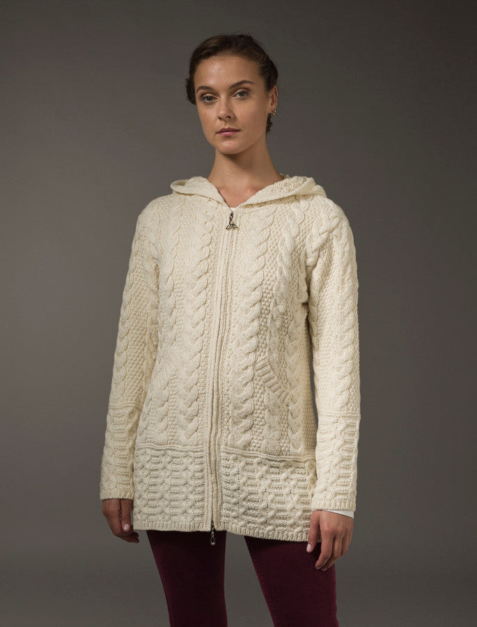 Hooded Coatigan with Celtic Knot Zipper Pull - Natural White 