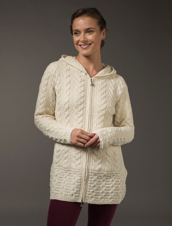 Hooded Coatigan with Celtic Knot Zipper Pull - Natural White 