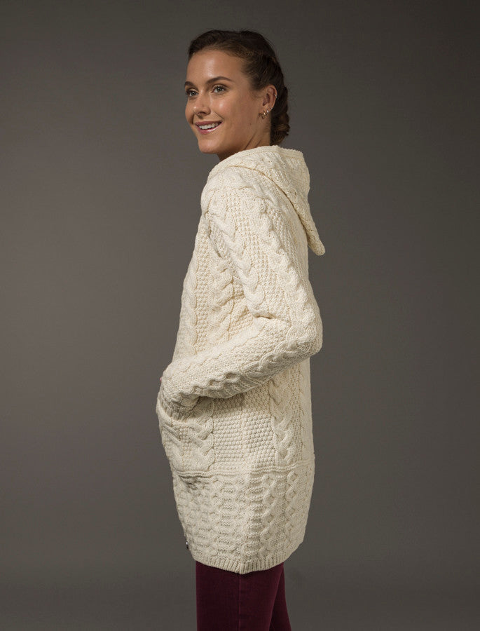 Hooded Coatigan with Celtic Knot Zipper Pull - Natural White 