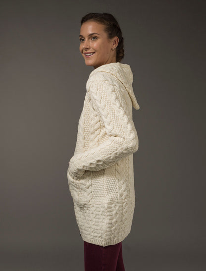 Hooded Coatigan with Celtic Knot Zipper Pull - Natural White 