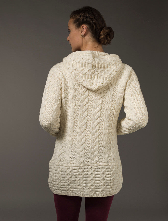 Hooded Coatigan with Celtic Knot Zipper Pull - Natural White 
