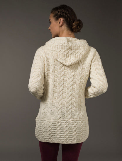 Hooded Coatigan with Celtic Knot Zipper Pull - Natural White 