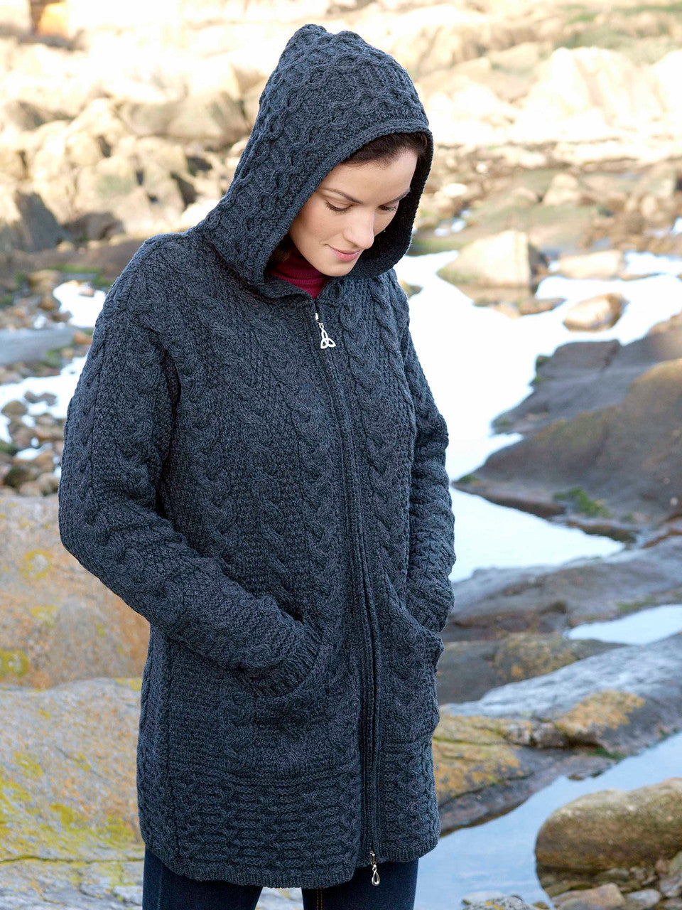 Hooded Coatigan with Celtic Knot Zipper Pull - Charcoal 