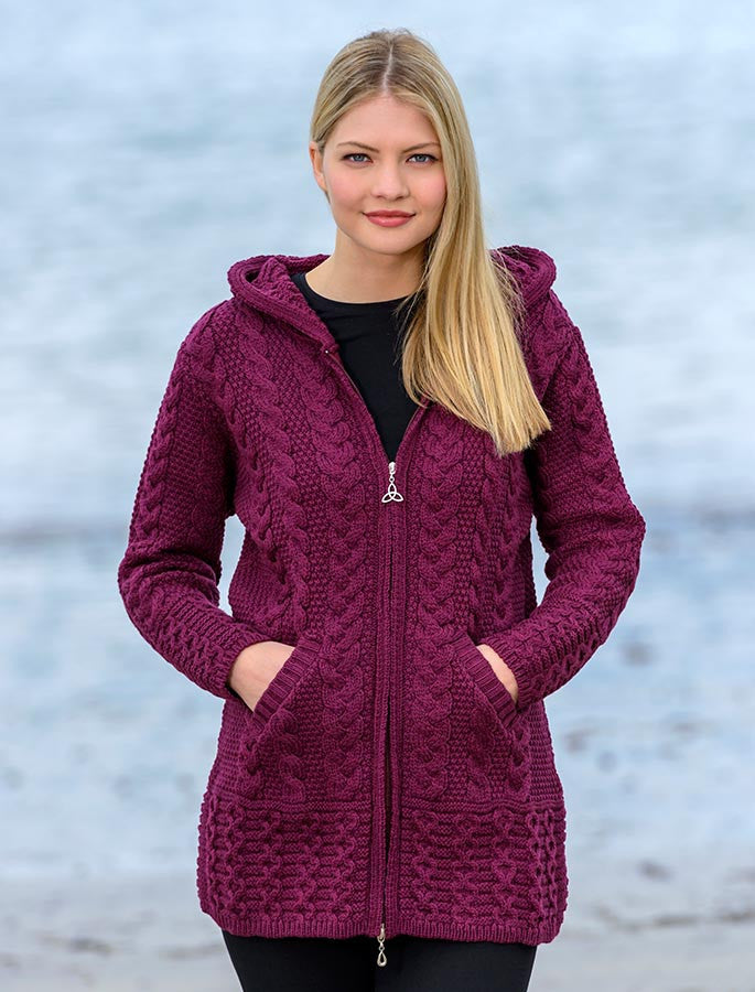 Hooded Coatigan with Celtic Knot Zipper Pull - Wine 