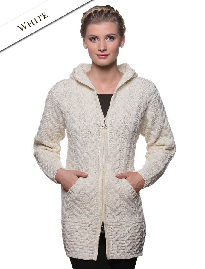 Hooded Coatigan with Celtic Knot Zipper Pull - White 