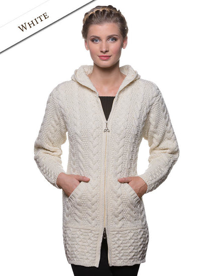 Hooded Coatigan with Celtic Knot Zipper Pull - White 