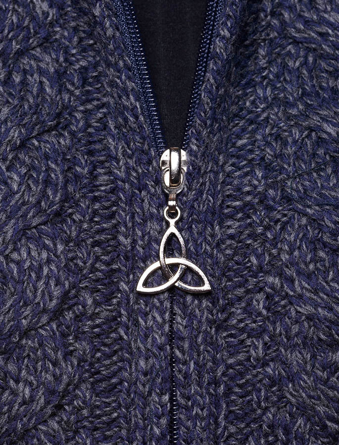 Zipper Detail of Hooded Coatigan with Celtic Knot Zipper Pull - Zip
