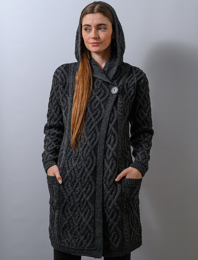 Plaited One Button Coat with Hood - Charcoal Mix 