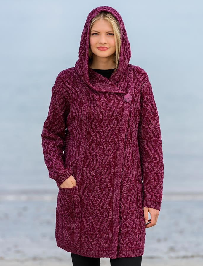 Plaited One Button Coat with Hood - Wine 