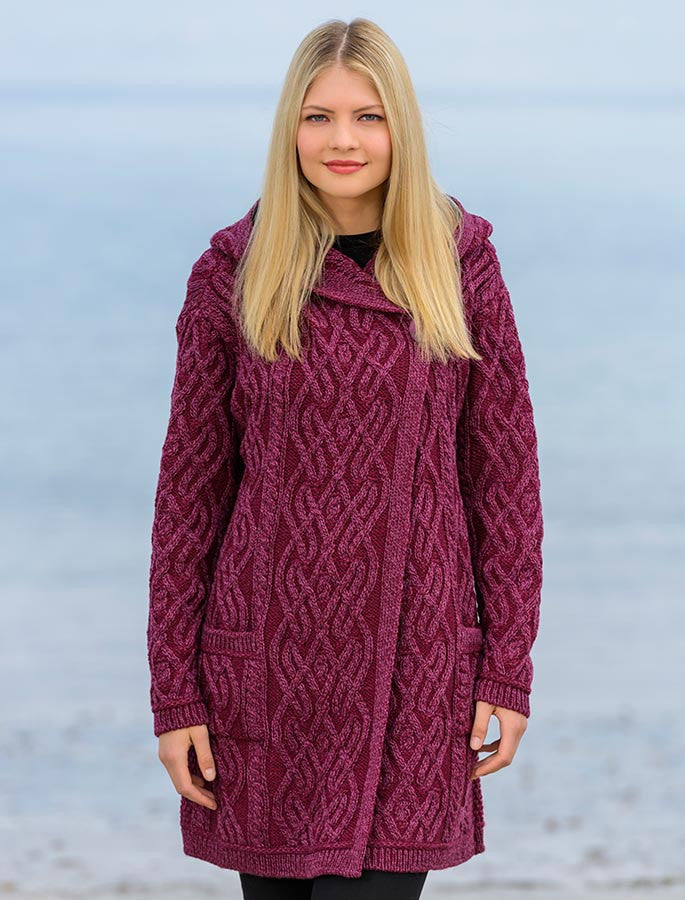 Plaited One Button Coat with Hood - Wine 